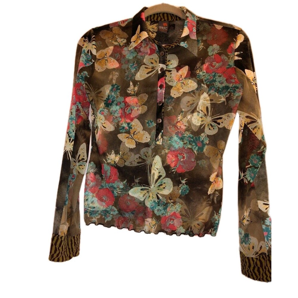 ANAC Designed by Kimi Vintage Mesh Floral Butterfly Long Sleeve Top - Size L